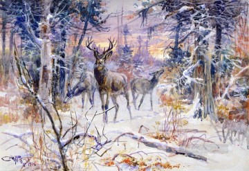 Ciervos en un bosque nevado 1906 Charles Marion Russell Indiana cowboy Pinturas al óleo